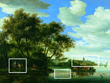Vista del ro Vecht con un embarcadero, pescadores y en la lejana el castillo de Nijenrode