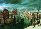 Paisaje invernal con pueblo, patinadores en un ro helado y cazadores en primer plano