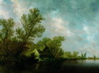 Paisaje fluvial con trasbordador y cabaas