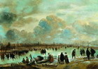 Escena de invierno con patinadores en un ro helado
