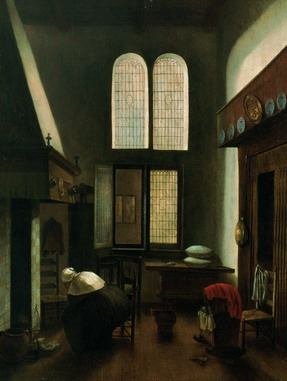 Interior con mujer sentada junto al hogar